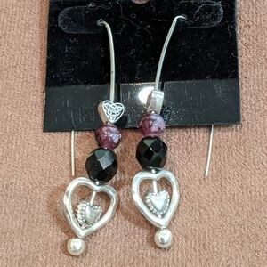 Black Spinel Pierced Earrings with Shepherds Hook - Handmade New